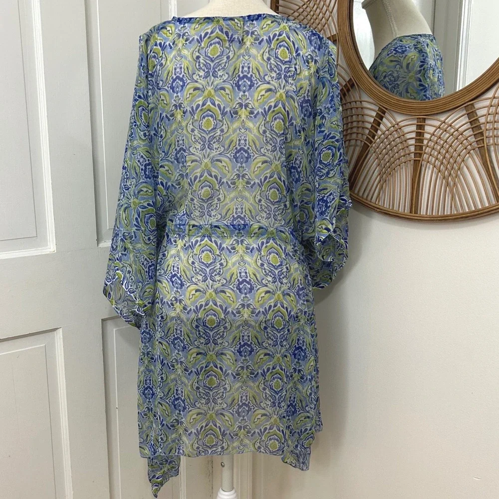 Sunflower Kaftan Swim Coverup Women Free‎ Size Blue Green Sheer Resort Cruise